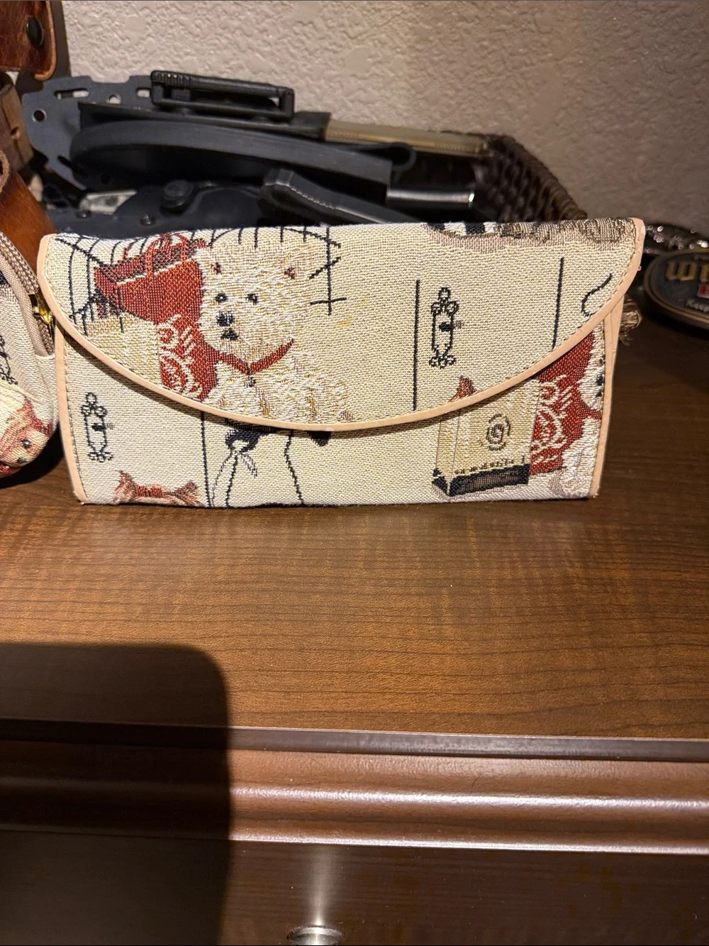 Canvas Drawstring Backpack in Cream with Tan Trim and Dog Print